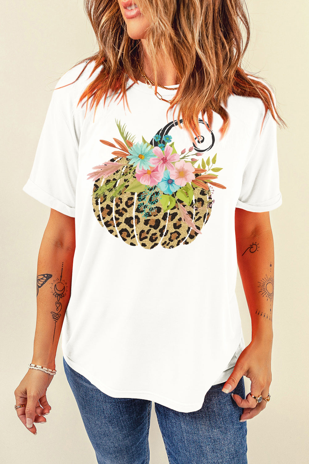 Pumpkin Graphic Round Neck Short Sleeve T-Shirt White