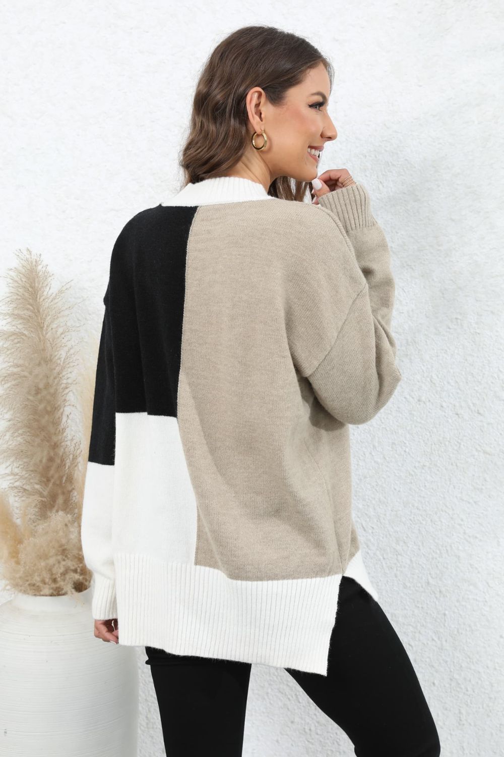 Color Block Crewneck Drop Shoulder Sweater