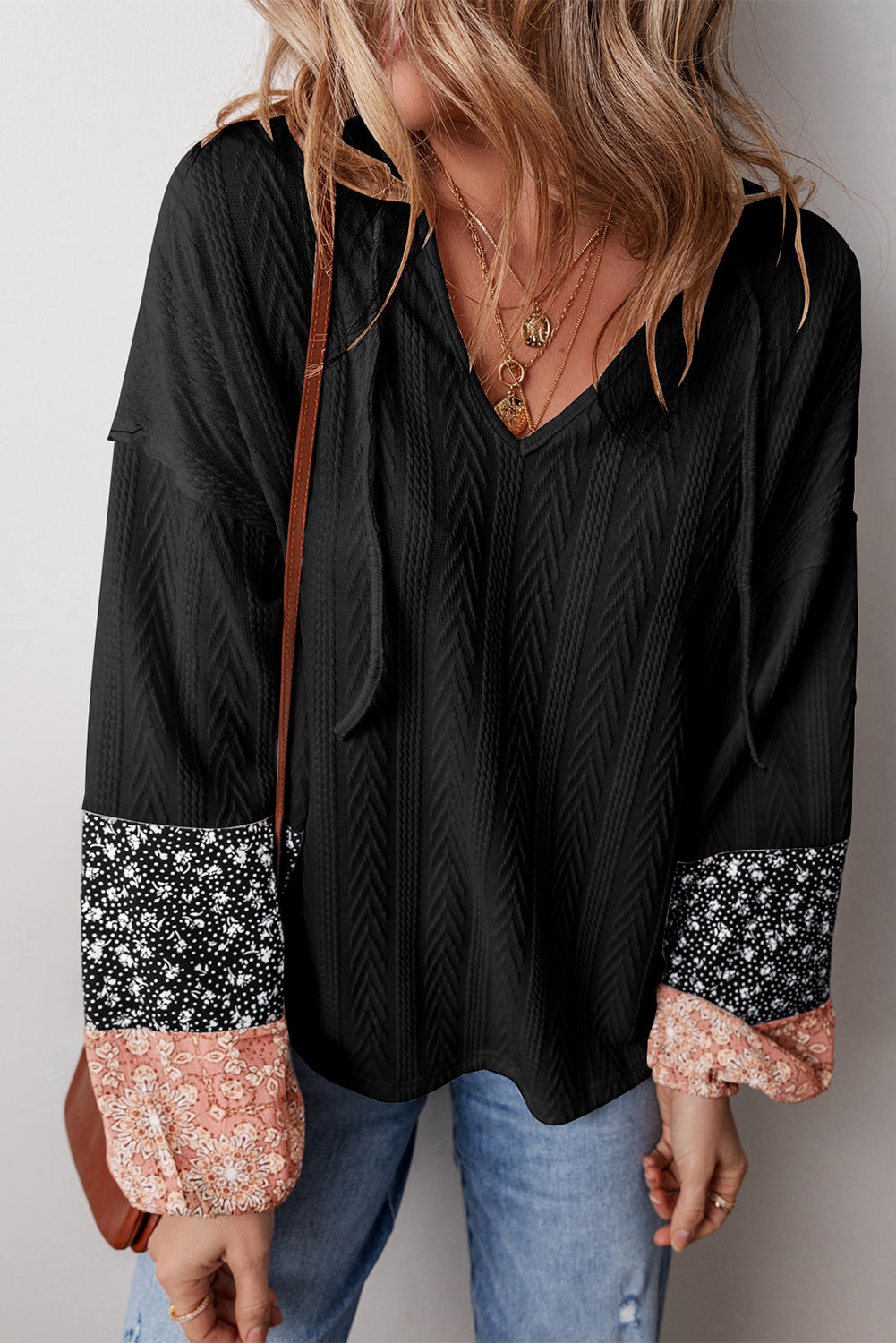 Black Floral Patchwork Textured Knit Drawstring V Neck Blouse Black 97%Polyester+3%Elastane