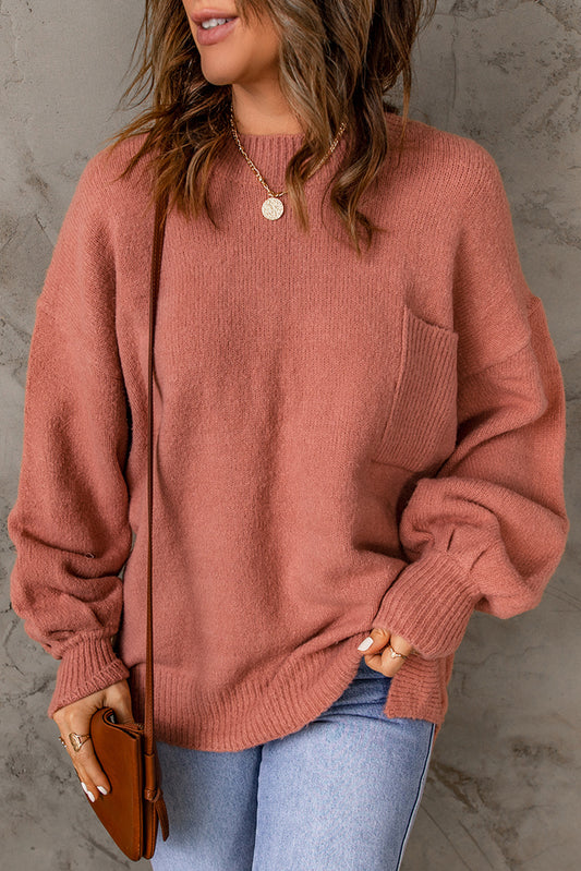 Ribbed Trim Lantern Sleeve Pocketed Sweater Salmon