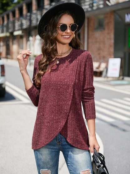 Round Neck Long Sleeve T-Shirt Wine