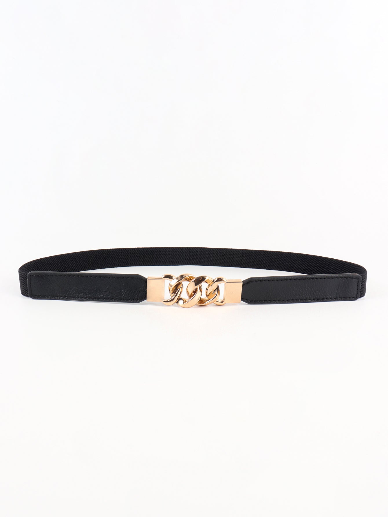 Zinc Alloy Buckle Elastic PU Belt Black Gold One Size