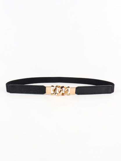 Zinc Alloy Buckle Elastic PU Belt Black Gold One Size