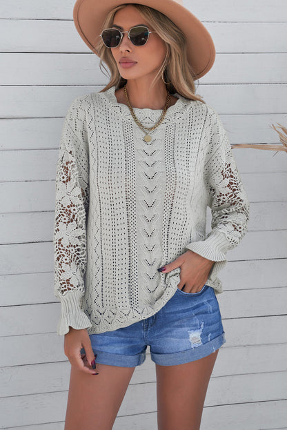 Openwork Lantern Sleeve Dropped Shoulder Sweater Light Gray