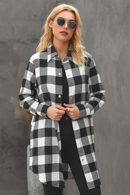 Women's Longline Plaid Shirt Coat with Turn-Down Collar | Classic British Style