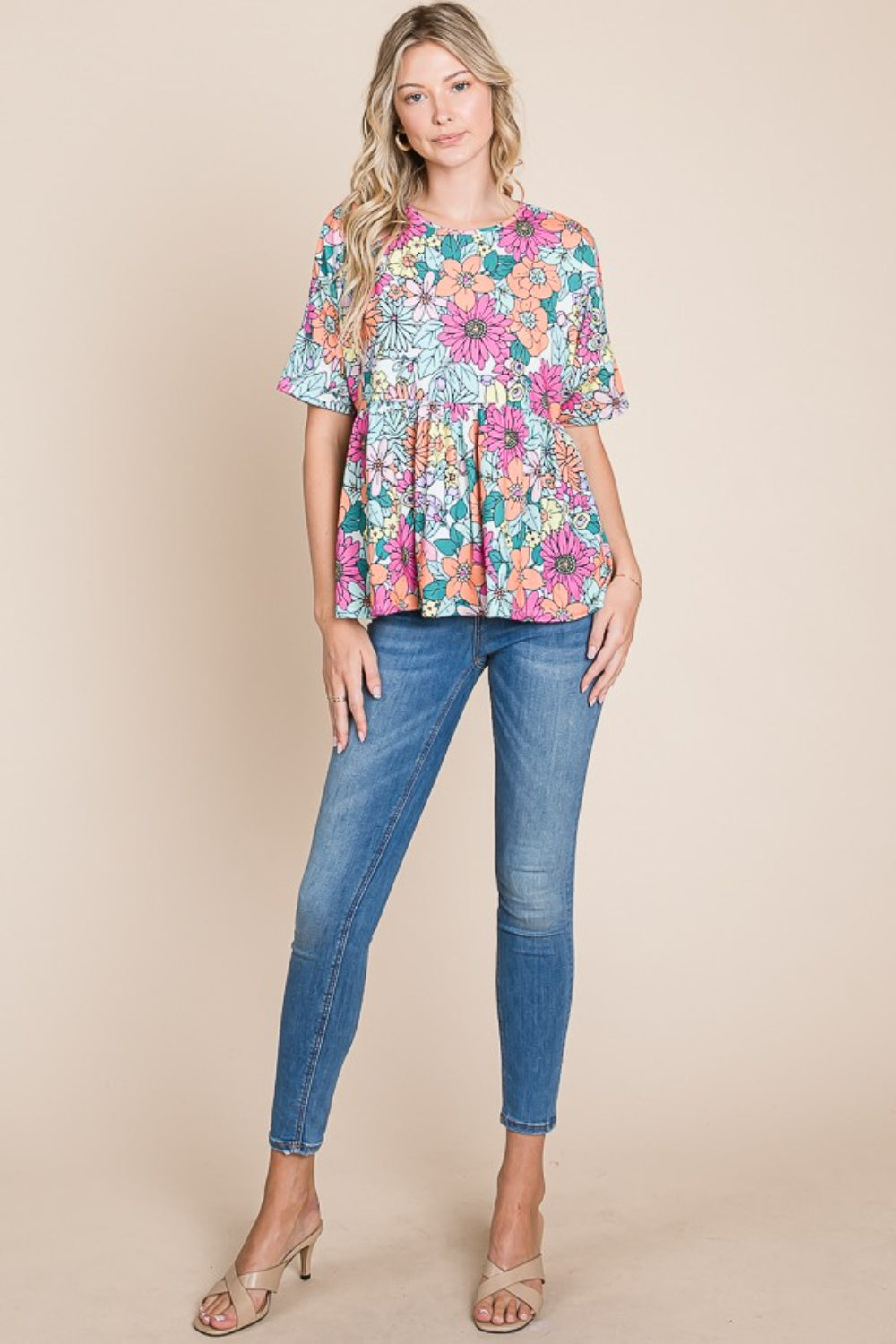 BOMBOM Floral Round Neck Short Sleeve Blouse