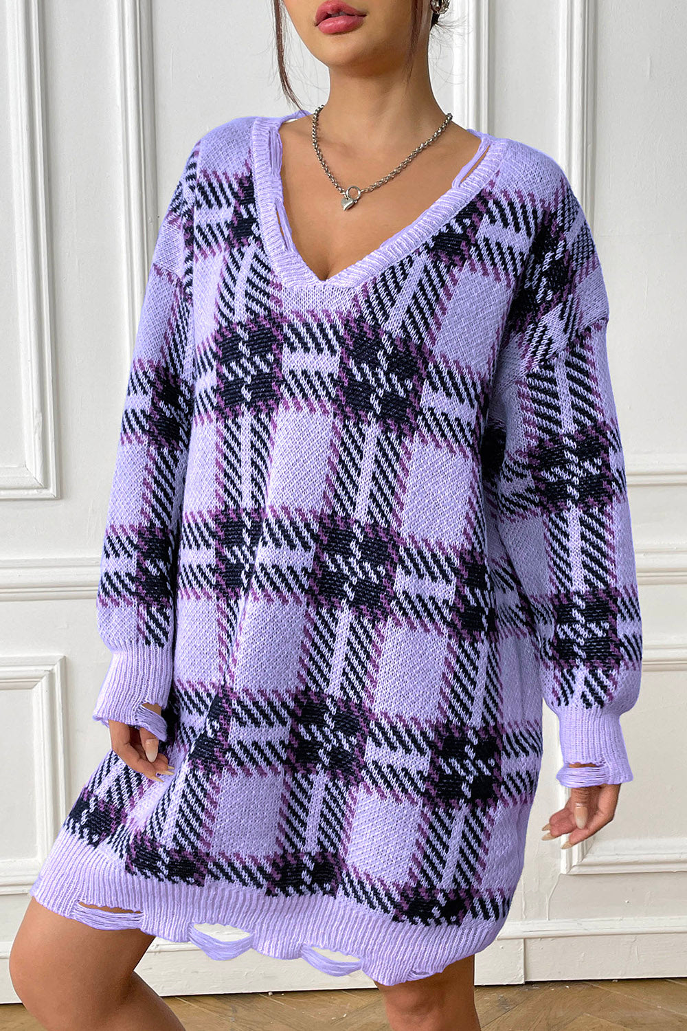 Plaid V-Neck Long Sleeve Sweater Dress Light Indigo One Size