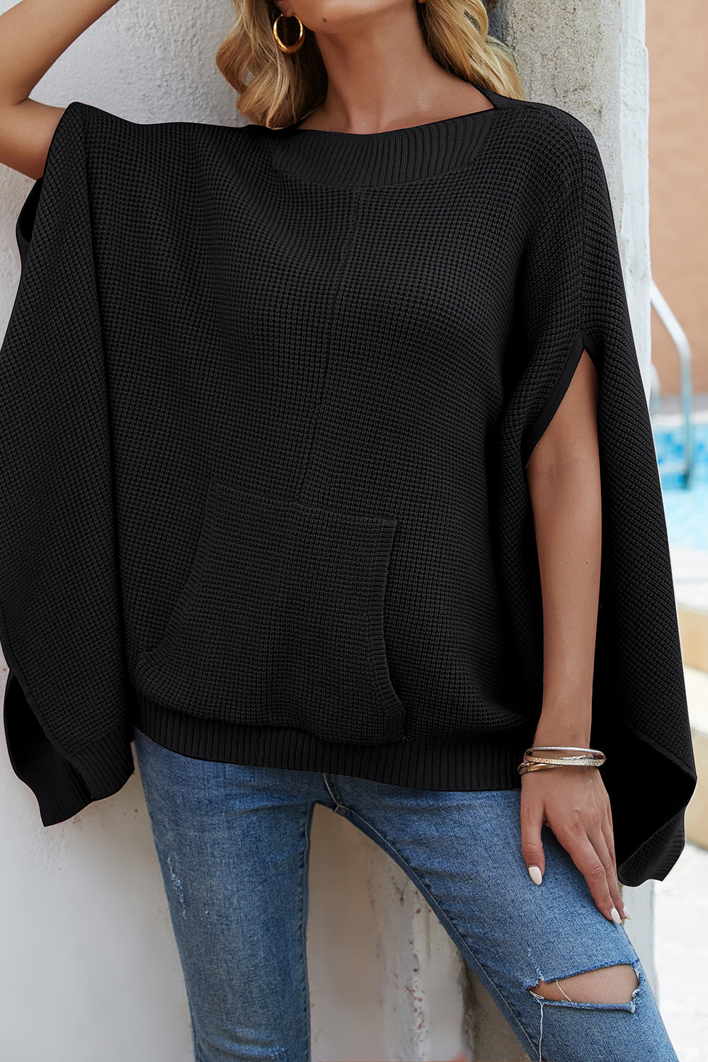 Waffle-Knit Pocketed Cape Sleeve Sweater - Thandynie