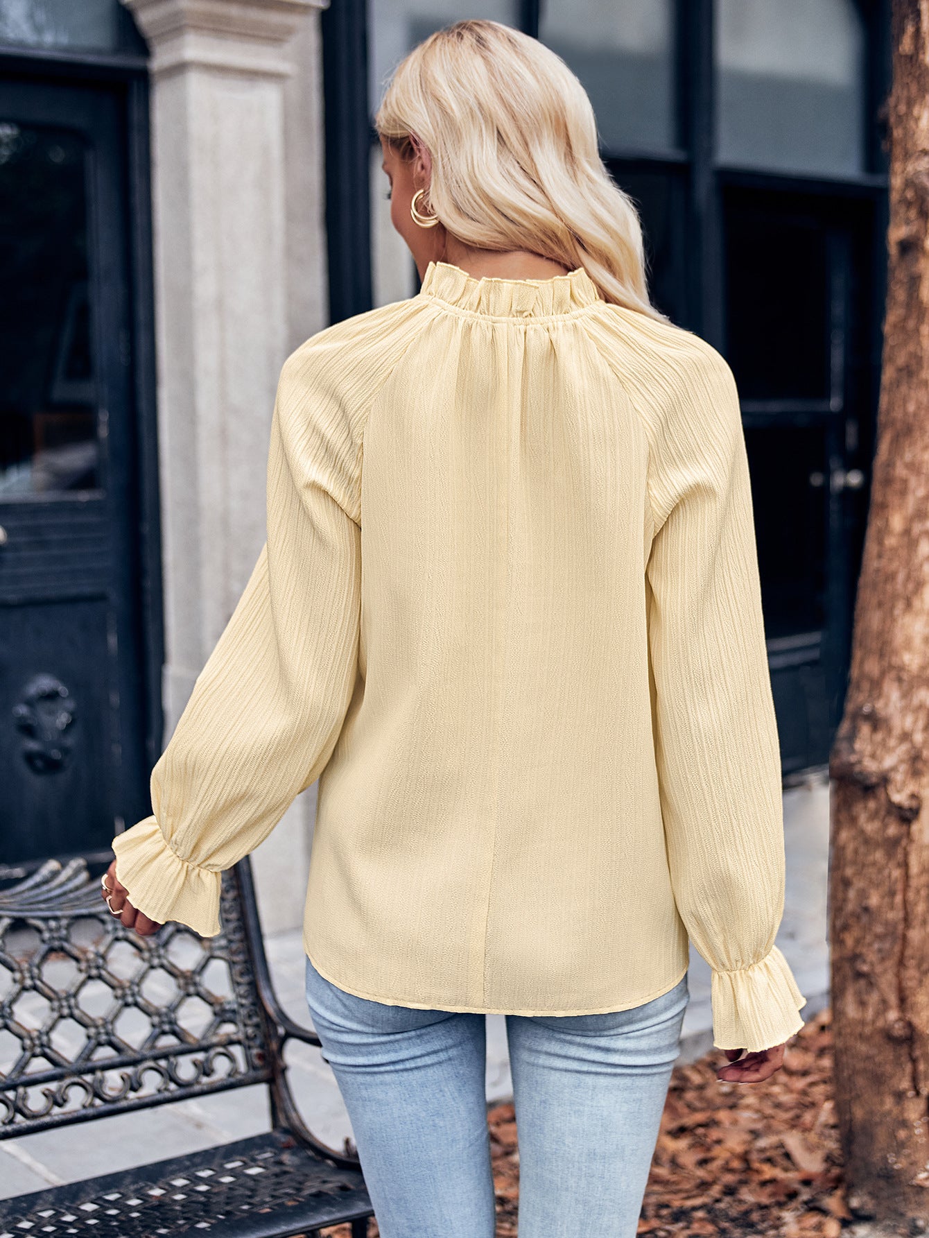 Ruffled Mock Neck Flounce Sleeve Blouse