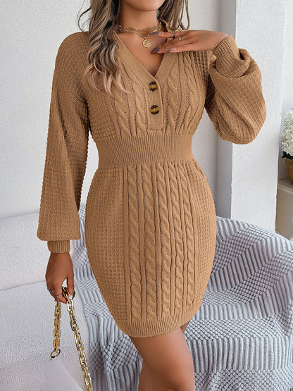 Buttoned Cable-Knit V-Neck Sweater Dress Khaki