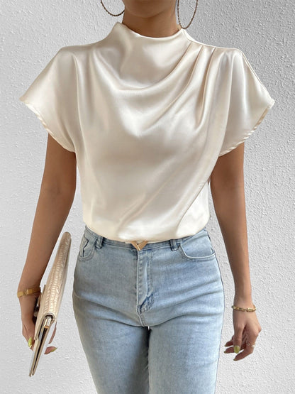 Ruched Mock Neck Short Sleeve Blouse Cream