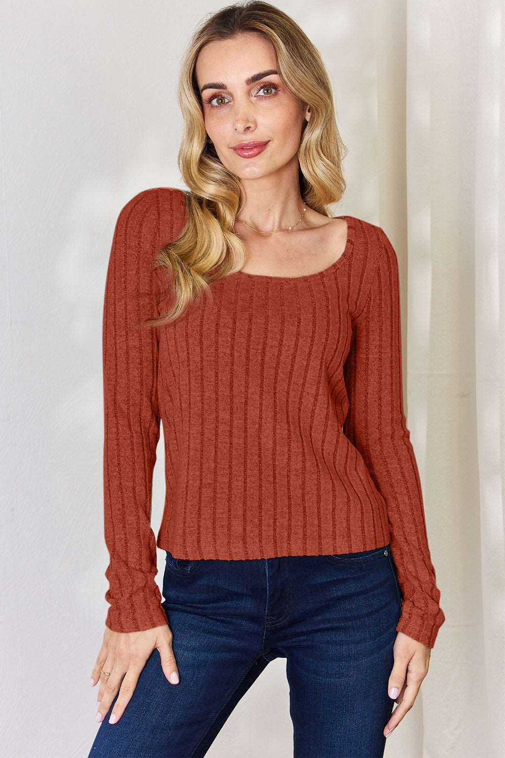 Basic Bae Full Size Ribbed Long Sleeve T-Shirt Rust