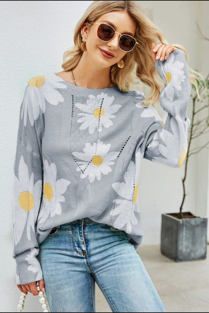 Daisy Print Openwork Round Neck Sweater Dark Gray