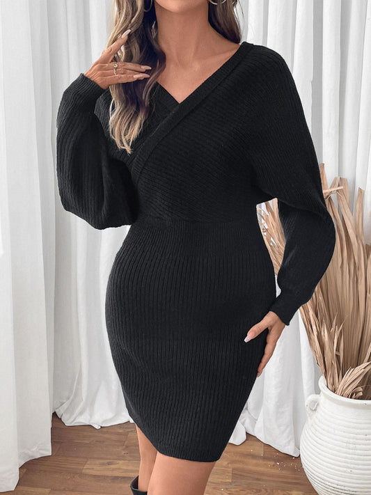 Perfee Surplice Long Sleeve Sweater Dress Black