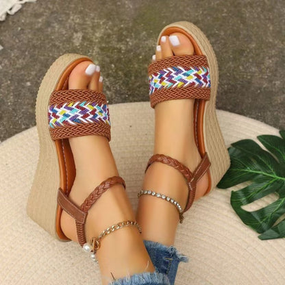 Open Toe Wedge Woven Sandals Brown