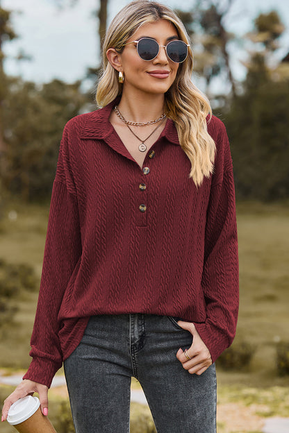 Half Button Dropped Shoulder Blouse Burgundy