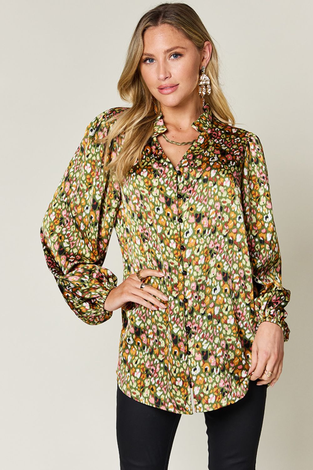 Double Take Full Size Printed Long Sleeve Blouse Matcha Green