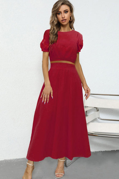 Puff Sleeve Crop Top and Maxi Skirt Set Deep Red