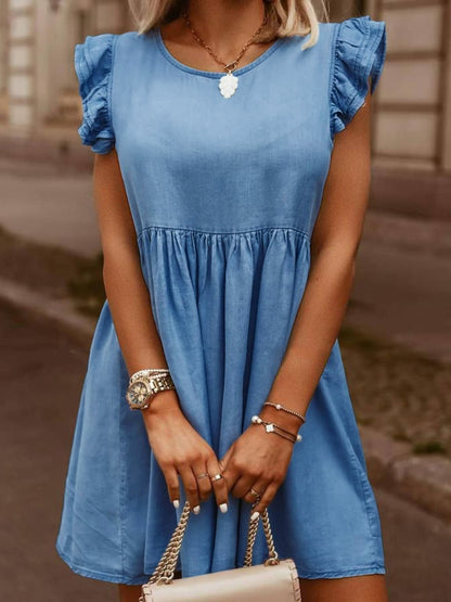 Full Size Ruffled Round Neck Cap Sleeve Denim Dress Medium