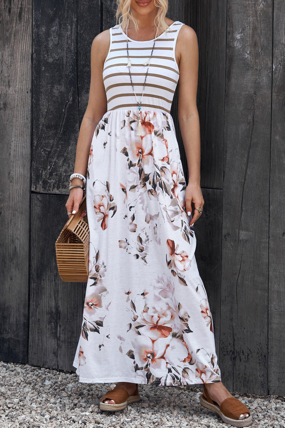 Striped Floral Round Neck Sleeveless Maxi Dress - Thandynie