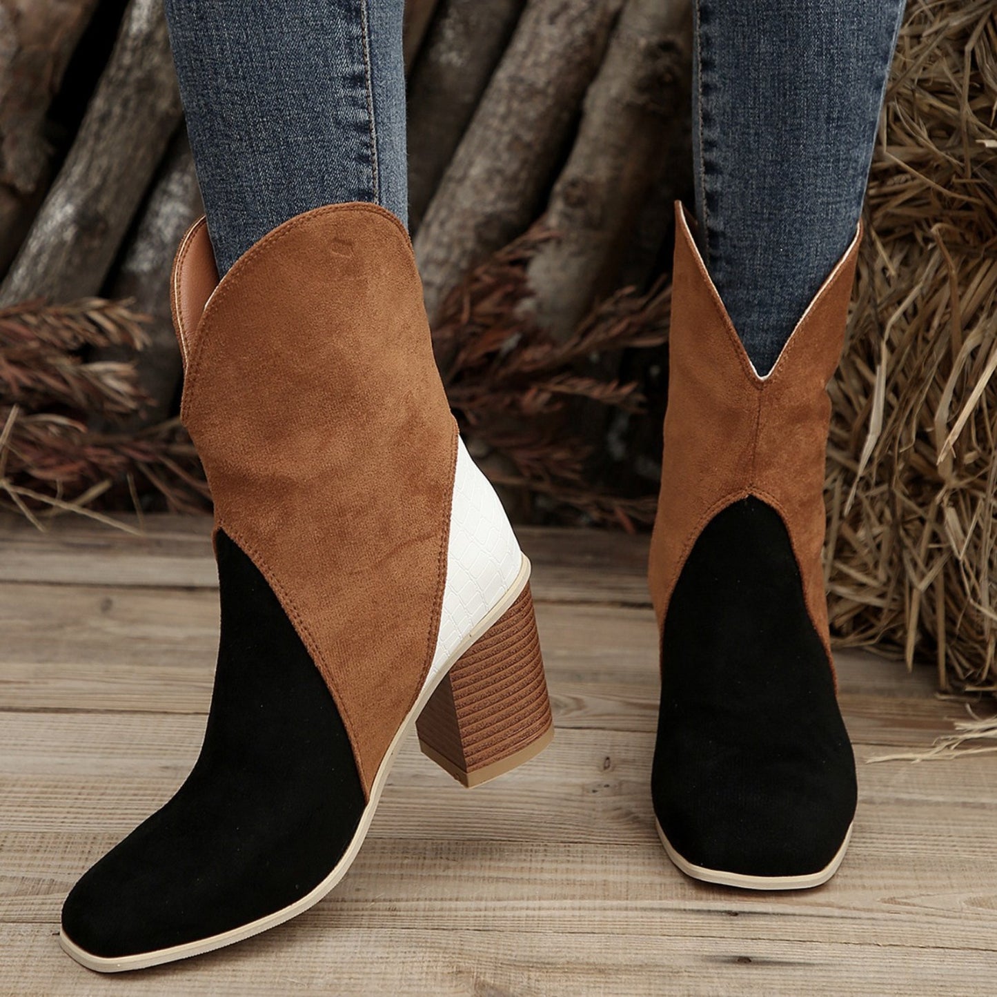 Suede Square Toe Block Heel Boots Black