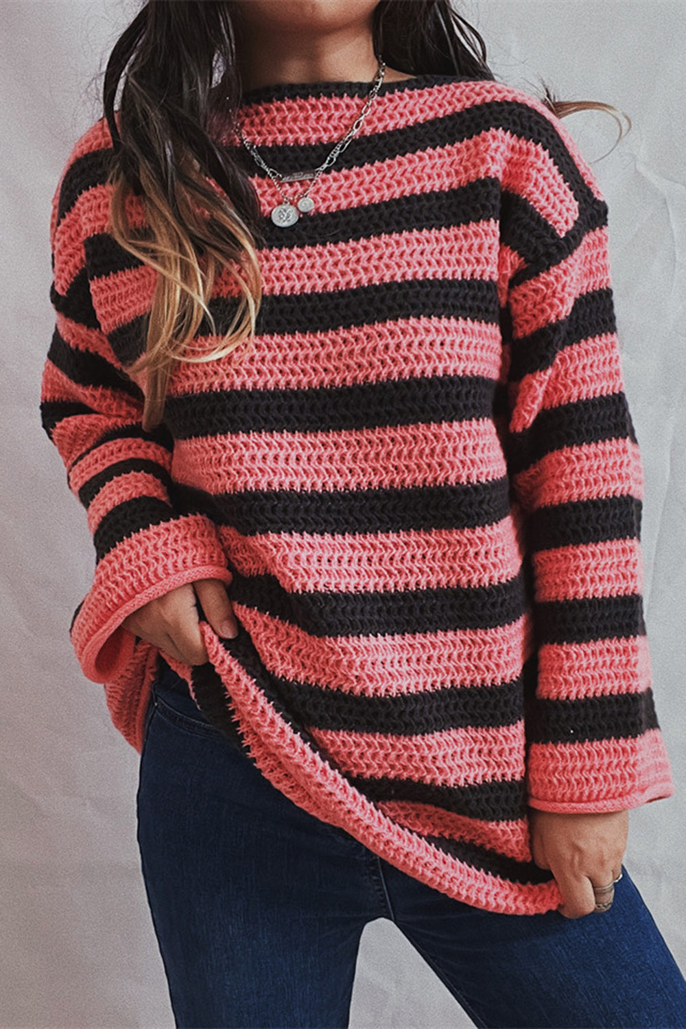 Striped Round Neck Dropped Shoulder Sweater Pink One Size