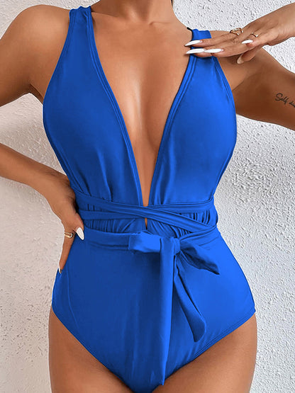 Tied Crisscross Wide Strap One-Piece Swimwear Blue