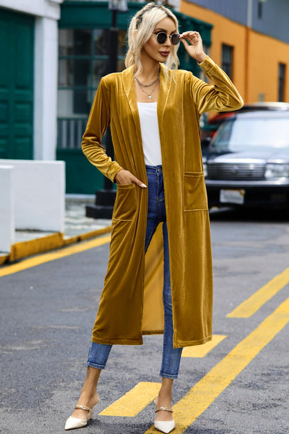 Velvet Open Front Long Cardigan with Pockets Mustard