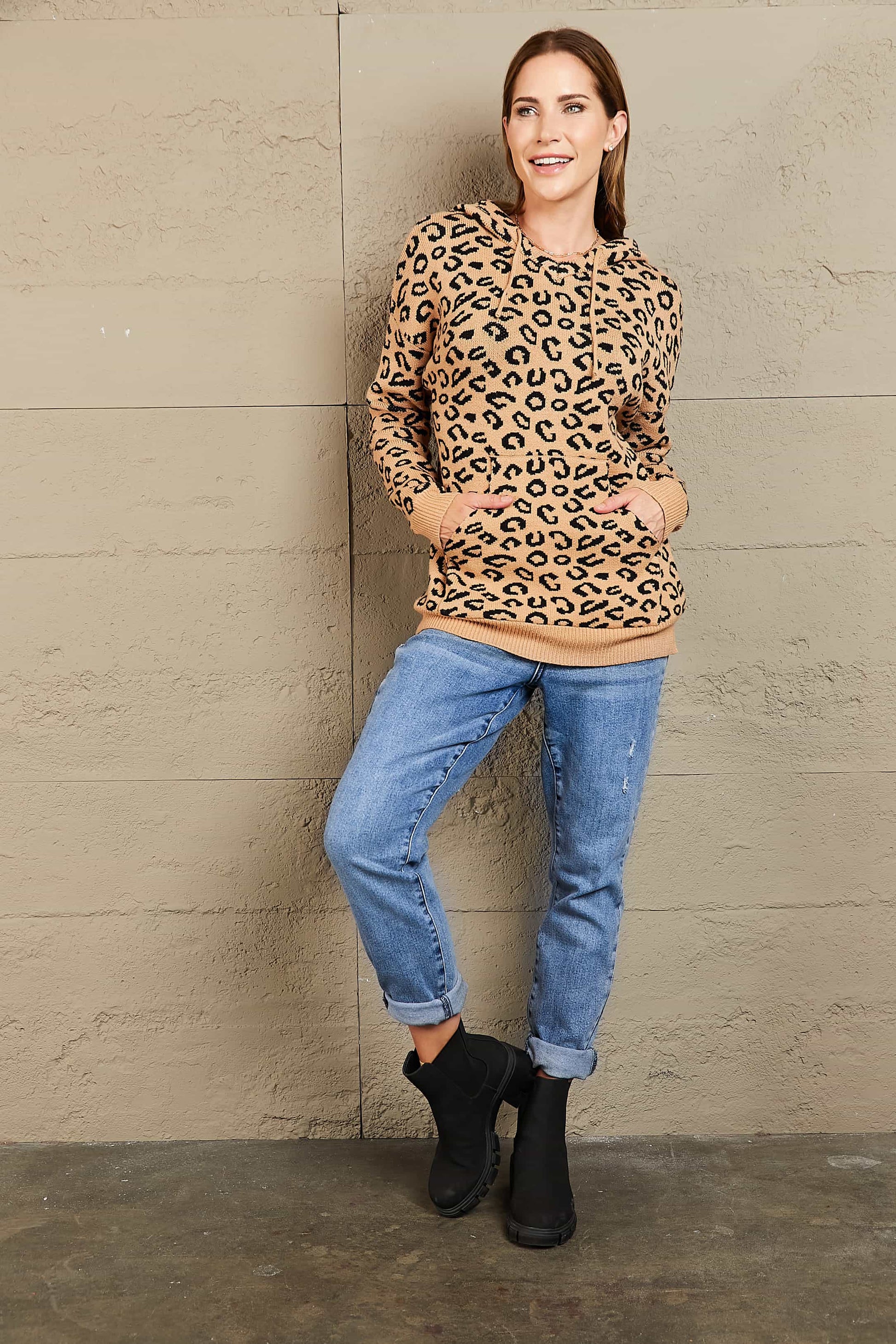 Woven Right Leopard Print Drawstring Hooded Sweater