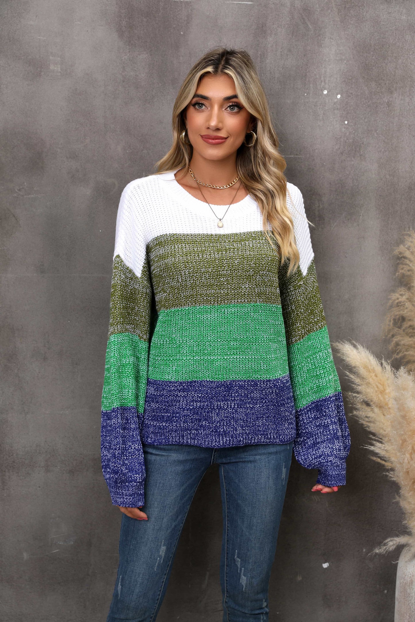 Color Block Round Neck Dropped Shoulder Sweater Dark Green