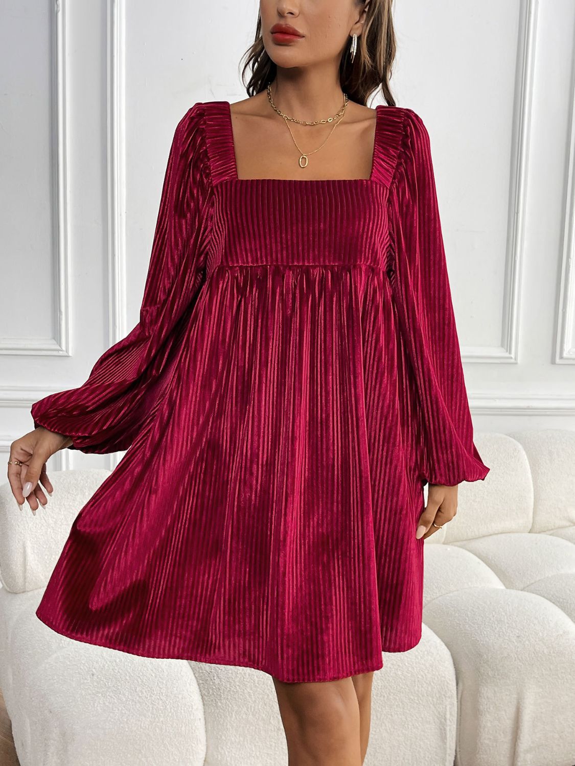 Perfee Tied Pocketed Square Neck Long Sleeve Dress