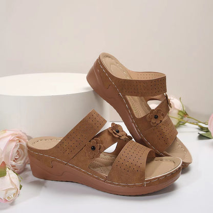 Flower PU Leather Wedge Sandals Brown