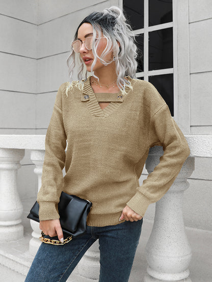 Dropped Shoulder Button Detail Sweater Khaki