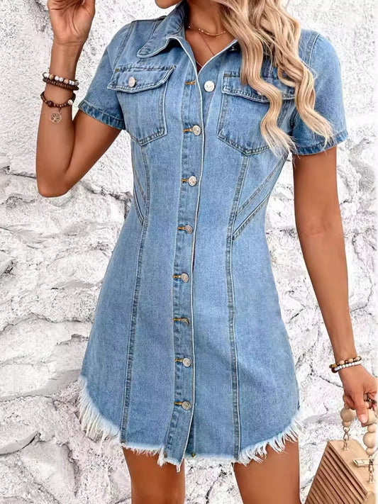 Raw Hem Button Up Short Sleeve Denim Dress Light