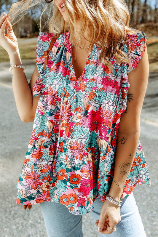 Ruffled Printed Tie Neck Cap Sleeve Blouse Floral