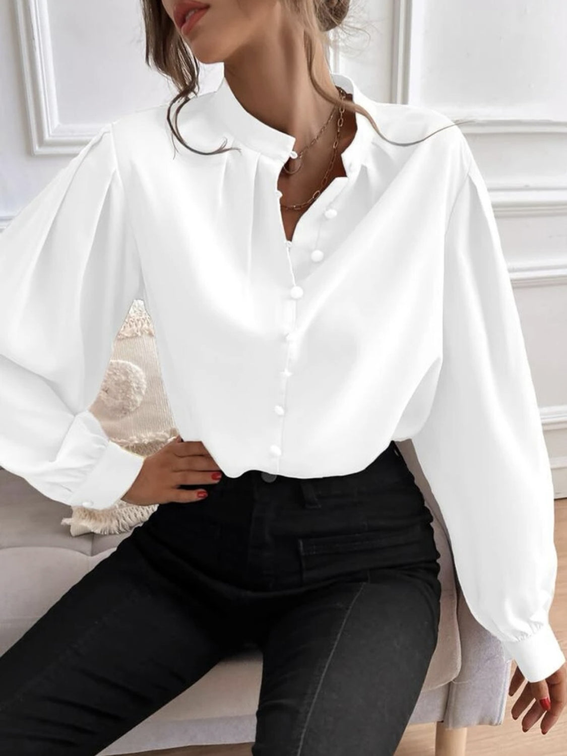 Mock Neck Button Front Shirt White