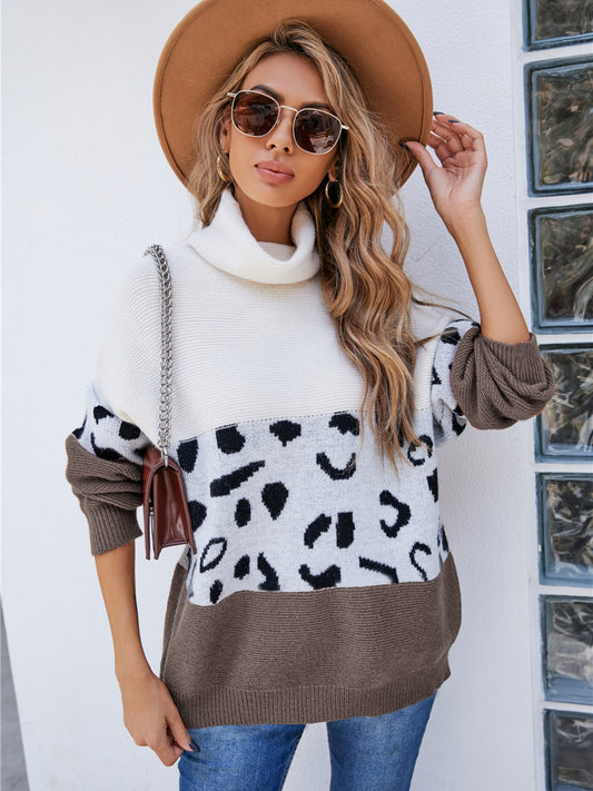 Leopard Color Block Turtleneck Sweater Khaki