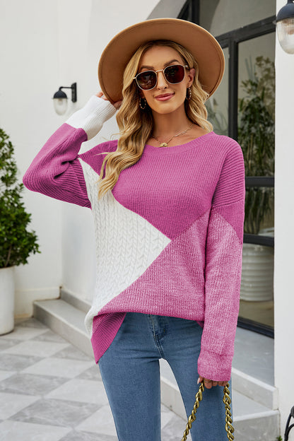 Color Block Round Neck Sweater Heliotrope Purple