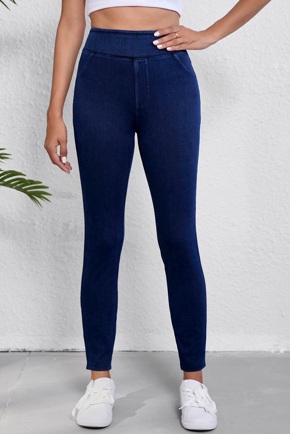 Ashleigh Blue Solid Color High Waist Stretchy Slim Fit Leggings Ashleigh Blue 47%Polyester+42%Cotton+11%Elastane