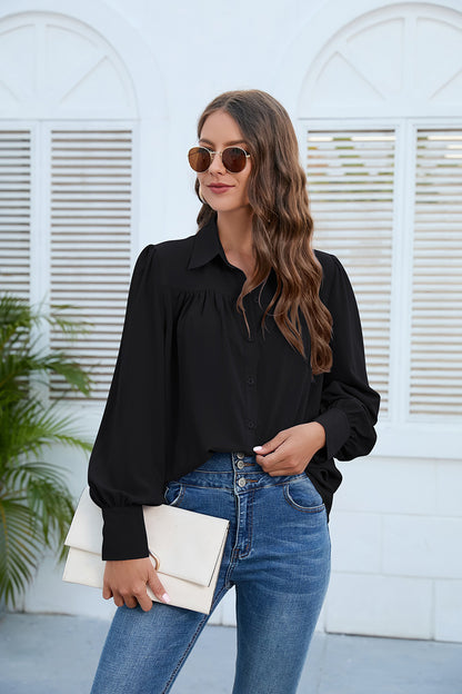 Puff Sleeve Collared Neck Shirt Black