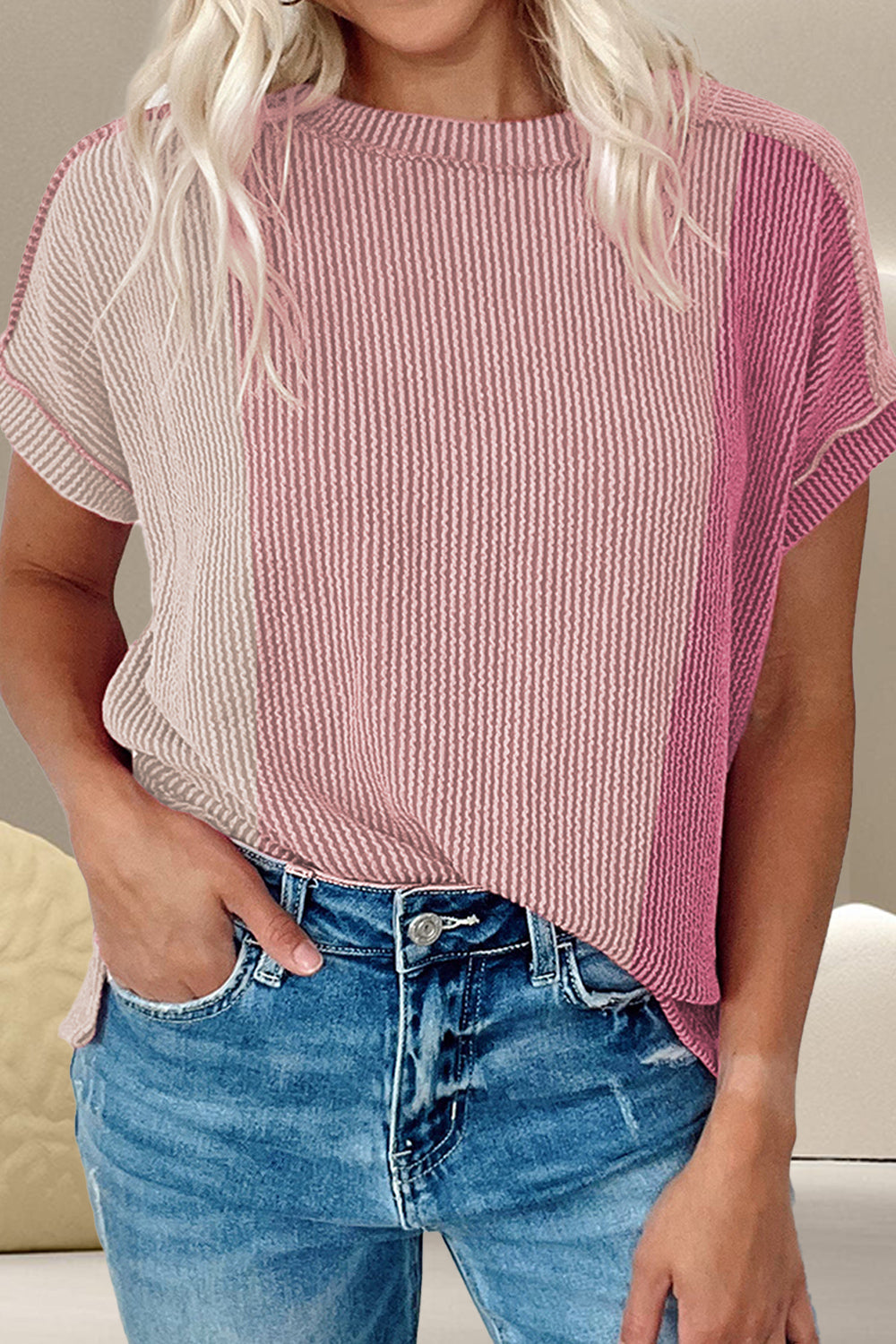 Color Block Round Neck Short Sleeve T-Shirt Blush Pink