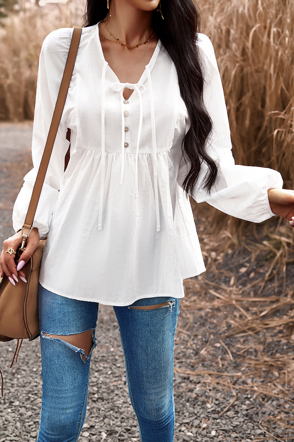 Tied Decorative Button Balloon Sleeve Blouse