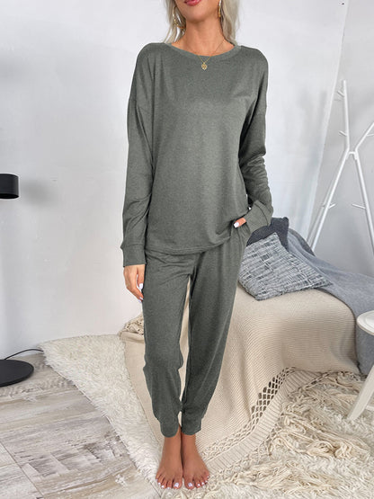 Shiny Round Neck Top and Drawstring Pants Lounge Set Gray