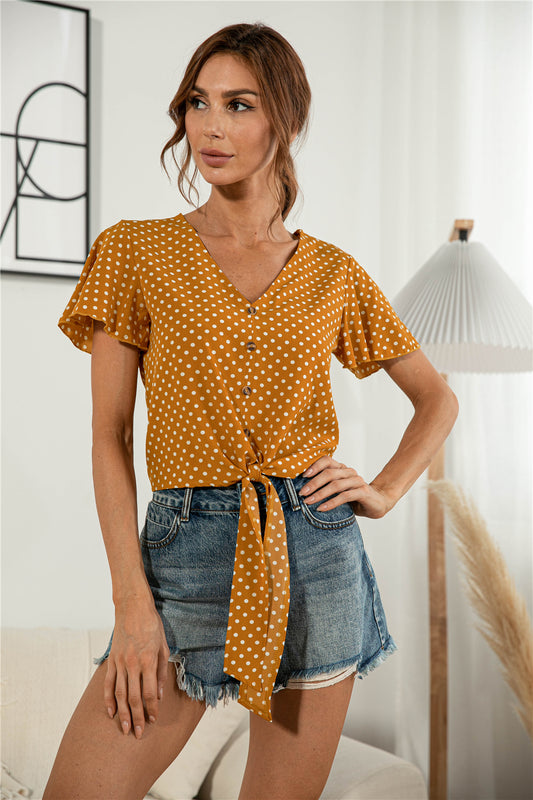 Decorative Button V-Neck Tied Blouse Tangerine Dot