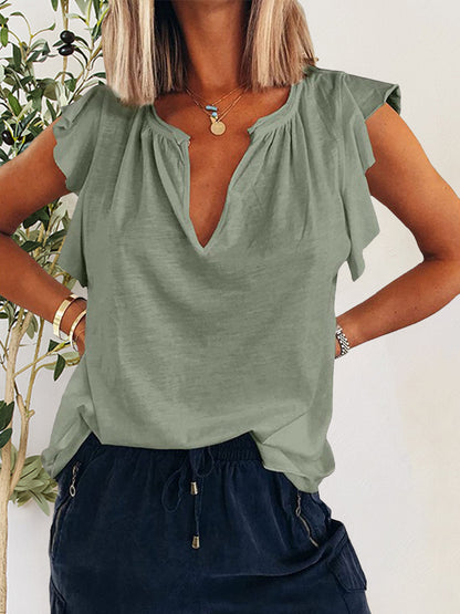 Ruffled Notched Cap Sleeve T-Shirt Sage