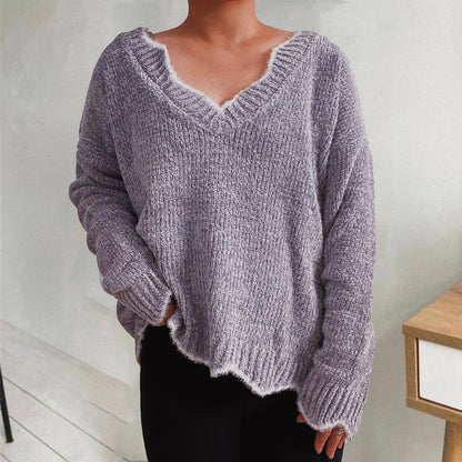 V-Neck Drop Shoulder Long Sleeve Sweater Lavender