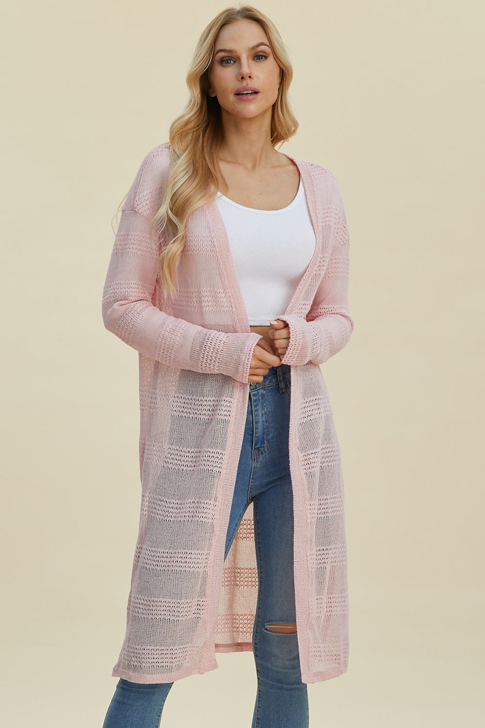 Double Take Full Size Open Front Longline Cardigan Blush Pink