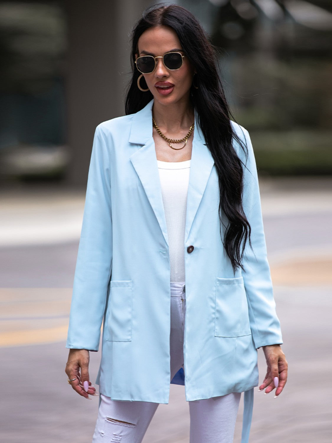 Tie Waist Long Sleeve Blazer - Thandynie