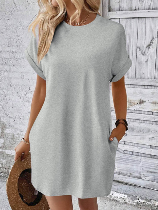 Round Neck Short Sleeve Mini Dress Light Gray