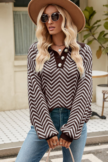 Striped Collared Neck Buttoned Pullover Sweater Chocolate